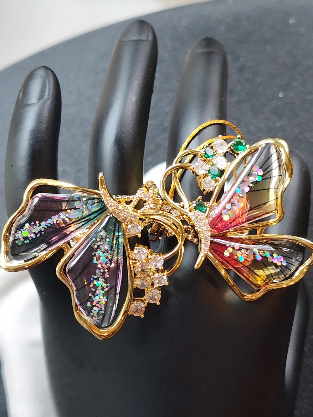Gold Butterfly Brooch with Multicolor Glitter Wings